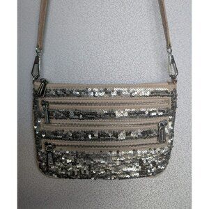 Rebecca Minkoff Sequin Fabric Leather Crossbody Bag Cream/Light Brown Silver